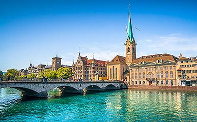 chauffeur service zurich View over the Limmat to Zurich. Zurich is the headquarters of Allgemeine Limousinen-Management GmbH.