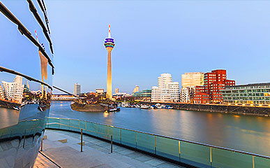 limousine service duesseldorf View of the media harbor in the city of Düseldorf on the Rhine.